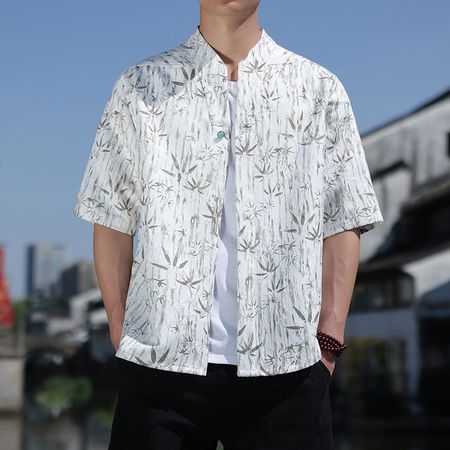 Men's Short-Sleeved Breathable Shirt Concealed Button V-Neck Loose Shirt